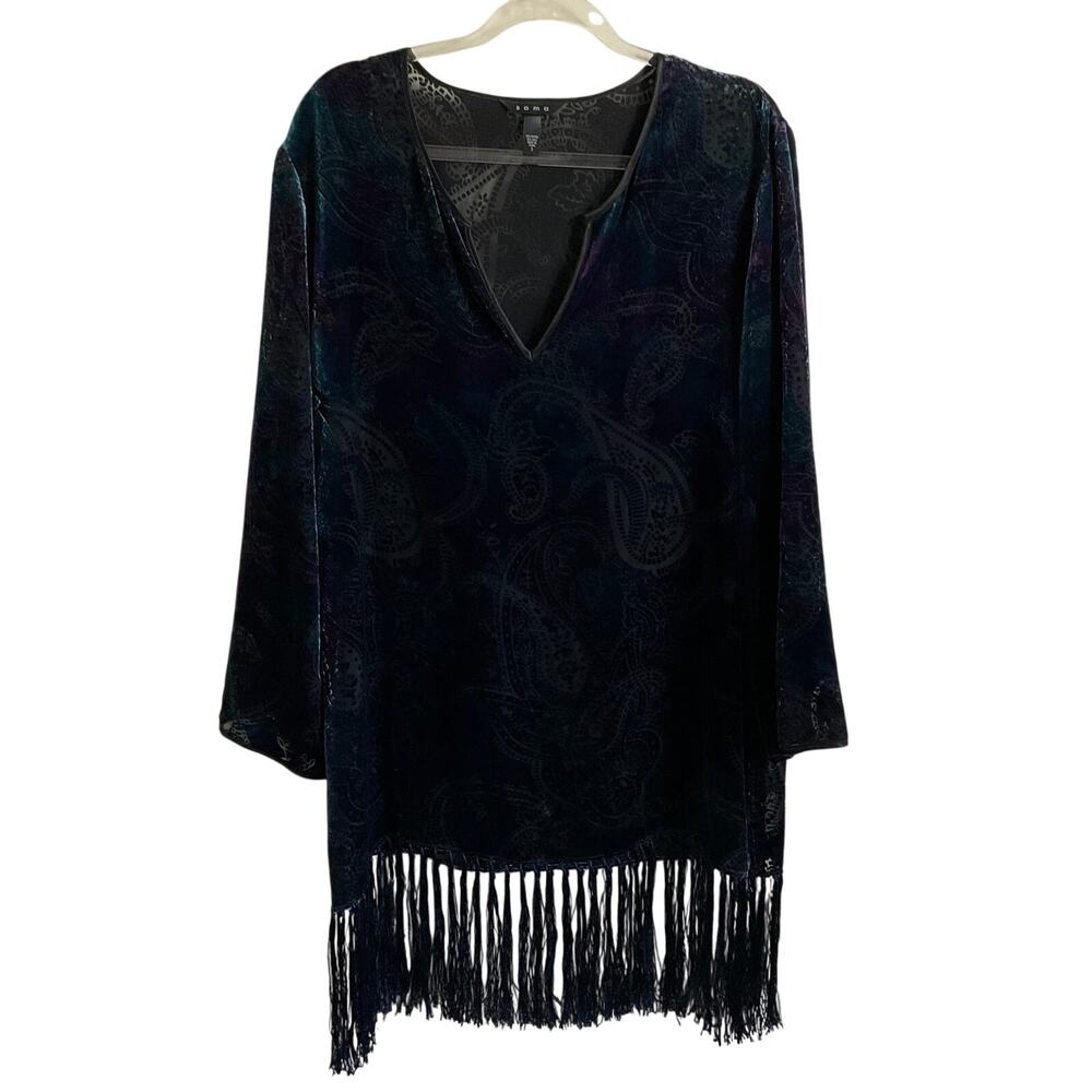 Soma Silk Blend Paisley Velvet Burnout Fringe Hem Tunic Top‎ Whimsy Goth Boho